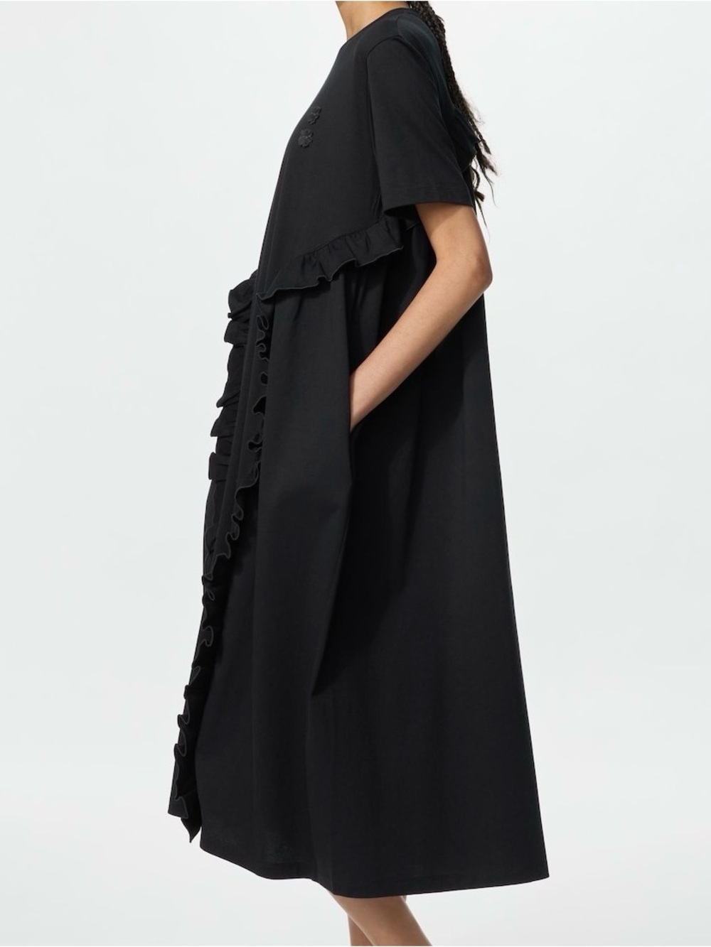 NWT Uniqlo Black Ruffle-Trim Midi Dress Sz-L